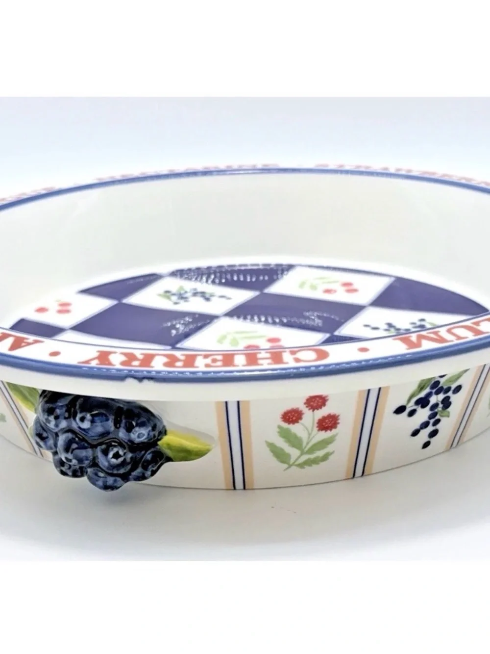 Anthropologie Blue & White Checker Serving Bowl with Fruit Motif